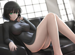 Rule 34 | 1girl, ass, bare legs, black dress, black hair, breasts, dress, fubuki (one-punch man), green eyes, impossible clothes, impossible dress, large breasts, legs, looking at viewer, no panties, one-punch man, parted lips, pelvic curtain, short hair, side slit, siraha, sitting, solo, taut clothes, taut dress, thighs