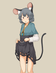 Rule 34 | 1girl, animal ears, blue capelet, blush, breasts, brown background, brown eyes, capelet, chagamaka, clothes lift, commentary request, crystal, dress, feet out of frame, grey dress, grey hair, jewelry, long sleeves, looking at viewer, mouse (animal), mouse ears, mouse girl, mouse tail, nazrin, open mouth, pendant, shirt, short hair, simple background, skirt, skirt basket, skirt lift, small breasts, solo, tail, touhou, white shirt