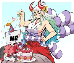 Rule 34 | 1girl, 1other, ahoge, aqua hair, artist self-insert, bare arms, bare shoulders, birthday cake, blush stickers, breasts, cake, candle, closed eyes, closed mouth, confetti, curled horns, earrings, fingernails, food, fork, fruit, gradient hair, grey hair, hair ornament, hair stick, hakama, hand on own hip, hand up, hat, height difference, highres, holding, holding fork, horns, japanese clothes, jewelry, kimono, large breasts, lewdamone, long hair, multicolored hair, multicolored horns, one piece, oni, party hat, red horns, rope, shimenawa, shirt, short sleeves, sideboob, sleeveless, sleeveless kimono, smile, strawberry, table, tall female, v-shaped eyebrows, very long hair, white hair, yamato (one piece), yellow horns