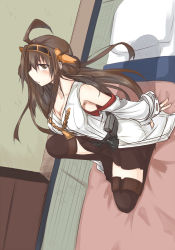Rule 34 | 10s, 1girl, blush, breasts, brown eyes, brown hair, cleavage, highres, kantai collection, kongou (kancolle), large breasts, long hair, looking at viewer, solo, thighhighs, vellark, very long hair