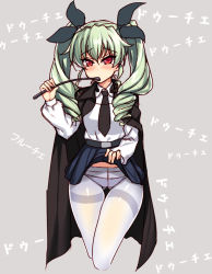 Rule 34 | 10s, 1girl, anchovy (girls und panzer), belt, black necktie, black skirt, blush, cape, clothes lift, cropped jacket, dress shirt, drill hair, girls und panzer, green hair, grey background, hair ribbon, holding, holding riding crop, long hair, long sleeves, looking at viewer, miniskirt, necktie, panties, panties under pantyhose, pantyhose, pleated skirt, raiou, red eyes, ribbon, riding crop, school uniform, shirt, simple background, skirt, skirt lift, solo, standing, thick thighs, thigh gap, thighband pantyhose, thighs, translated, twin drills, twintails, underwear, white pantyhose, white shirt
