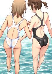 Rule 34 | 2girls, absurdres, ass, brown hair, competition swimsuit, from behind, highres, kuri (kurigohan), multiple girls, one-piece swimsuit, original, short hair, standing, swimsuit, twintails
