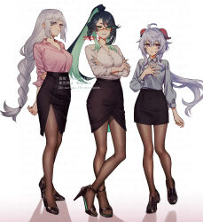 Rule 34 | 3girls, ahoge, alternate costume, aqua eyes, arms behind back, black footwear, black hair, black skirt, braid, breasts, brown pantyhose, closed mouth, cloud retainer (genshin impact), collared shirt, colored inner hair, commentary request, crossed arms, expressionless, full body, ganyu (genshin impact), genshin impact, goat horns, gradient background, green eyes, green hair, green lips, green nails, grey hair, grey shirt, high-waist skirt, high heels, highres, horns, large breasts, long hair, looking at viewer, low-braided long hair, low-tied long hair, medium breasts, multicolored hair, multiple girls, office lady, ojo aa, pantyhose, parted lips, pencil skirt, pink skirt, purple eyes, red-framed eyewear, semi-rimless eyewear, shenhe (genshin impact), shirt, side slit, signature, simple background, single braid, skirt, smile, very long hair, white background, white shirt, xianyun (genshin impact)
