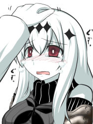 Rule 34 | 10s, 1boy, 1girl, abyssal ship, admiral (kancolle), aircraft carrier water oni, black neckerchief, black serafuku, blush, colored skin, commentary request, crying, crying with eyes open, gloves, goma (gomasamune), hair ornament, hand on another&#039;s head, head pat, headpat, kantai collection, long hair, neckerchief, open mouth, red eyes, revision, school uniform, serafuku, simple background, snot, tears, translation request, wavy mouth, white background, white gloves, white hair, white skin