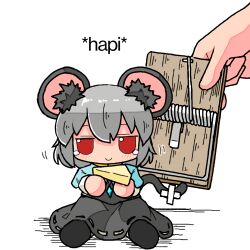 Rule 34 | 1girl, animal ear fluff, animal ears, blush, character doll, cheese, closed mouth, commentary, english text, food, full body, fumo (doll), grey hair, grey skirt, grey vest, hands up, holding, holding food, jitome, kasuya baian, long sleeves, looking at viewer, mouse ears, mouse girl, mouse tail, mousetrap, nazrin, red eyes, short hair, simple background, sitting, skirt, skirt set, smile, solo focus, tail, tears, touhou, v-shaped eyebrows, vest, white background