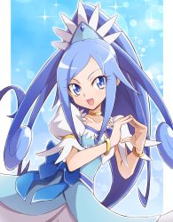 Rule 34 | 1girl, blue background, blue eyes, blue hair, blue ribbon, border, bracelet, breasts, brooch, choker, collarbone, cowboy shot, crystal earrings, cure diamond, diamond hands, dokidoki! precure, dress, earrings, hairband, heart, heart brooch, highres, jewelry, long hair, looking at viewer, magical girl, open mouth, ponytail, precure, ribbon, sash, smile, solo, sparkle background, usoco, very long hair, white border, yellow choker