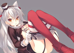 Rule 34 | 10s, 1girl, amami mikihiro, amatsukaze (kancolle), dress, flat chest, garter straps, gloves, grey background, hand on own chest, kantai collection, knees up, long hair, looking at viewer, panties, panty pull, red thighhighs, sailor dress, silver hair, single glove, solo, striped clothes, striped thighhighs, thighhighs, two side up, underwear, white gloves, yellow eyes