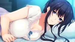 Rule 34 | 1girl, bed, bed sheet, black hair, blurry, blurry background, blush, breast press, breasts, cleavage, closed mouth, depth of field, facing viewer, female focus, game cg, hibiki works, iizuki tasuku, indoors, lace trim, large breasts, light blush, long hair, looking at viewer, lying, night, on bed, on side, original, pajamas, pillow, ponytail, purple eyes, short sleeves, sidelocks, smile, solo, suiren to shion, unaligned breasts, under covers, upper body, wakami suiren