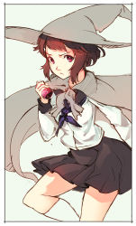 Rule 34 | 10s, 1girl, brown eyes, brown hair, flat chest, hat, hyouka, ibara mayaka, kamiyama high school uniform (hyouka), school uniform, serafuku, short hair, skirt, socks, softmode, solo, witch, witch hat