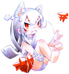 Rule 34 | 1girl, \n/, animal ears, barefoot, bell, collar, fang, fox ears, fox shadow puppet, full body, inari, jingle bell, long hair, mapico, open mouth, original, red eyes, simple background, solo, white background