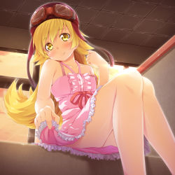 Rule 34 | 1girl, backlighting, bakemonogatari, bare legs, bare shoulders, blonde hair, blush, ceiling, clenched hand, clothes lift, cloud, dress, dress lift, fang, fang out, flat chest, flipped hair, frilled dress, frills, from below, goggles, goggles on headwear, halterneck, head tilt, helmet, highres, indoors, legs, light smile, long hair, long legs, looking at viewer, monogatari (series), olive (laai), oshino shinobu, pink dress, ribbon, shadow, short dress, sitting, skirt hold, sky, smile, solo, strap slip, sunset, tiles, upskirt, very long hair, window, yellow eyes