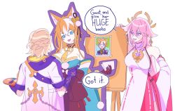 Rule 34 | 1boy, 1girl, albedo (genshin impact), animal ears, bare shoulders, blonde hair, blue eyes, blush, breasts, brown hair, cardboard cutout, cleavage, commentary, detached sleeves, easel, english commentary, english text, fox boy, fox ears, fox girl, genderswap, genderswap (mtf), genshin impact, gorou (genshin impact), hair between eyes, highres, holding, holding paintbrush, long hair, looking at another, paintbrush, photo (object), pink hair, purple eyes, short hair, short sleeves, sizu49, tape, white background, yae miko