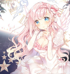 Rule 34 | 1girl, blue eyes, blush, bow, breasts, cleavage, clock, dress, feathered wings, flower, hair bow, head tilt, klasse14, large breasts, layered sleeves, long hair, long sleeves, looking at viewer, original, parted lips, pingo, pink bow, pink hair, pink wings, puffy short sleeves, puffy sleeves, roman numeral, short over long sleeves, short sleeves, sleeves past wrists, solo, star (symbol), very long hair, white dress, white flower, wings