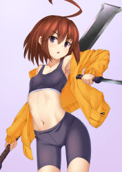 Rule 34 | 1girl, :&lt;, absurdres, ahoge, arched back, armpits, bike shorts, black legwear, black sports bra, bob cut, breasts, brown hair, collarbone, combat knife, commentary, cowboy shot, dual wielding, furrowed brow, gradient background, hair between eyes, highres, holding, holding weapon, huge weapon, jacket, knife, linne, looking at viewer, midriff, navel, off shoulder, open mouth, purple background, purple eyes, short hair, shorts, slit pupils, small breasts, solo, sports bra, sword, thigh gap, under night in-birth, weapon, yamachi (xadp7533), yellow jacket