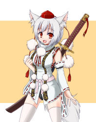 Rule 34 | 1girl, animal ears, bad id, bad pixiv id, breasts, detached sleeves, female focus, hat, inubashiri momiji, large breasts, lilac (artist), lilac (p-f easy), oekaki, panties, red eyes, sheath, sheathed, short hair, silver hair, solo, sword, tail, thighhighs, tokin hat, touhou, underwear, weapon, wolf ears, wolf tail