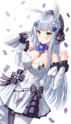 Rule 34 | 1girl, absurdres, animal ears, asymmetrical legwear, bare shoulders, beret, between breasts, blunt bangs, blush, breasts, choker, cleavage, closed mouth, collarbone, confetti, cowboy shot, cross, daisy cutter, detached sleeves, dress, facial mark, frilled dress, frills, girls&#039; frontline, green eyes, hair ornament, hair ribbon, hand in own hair, hands up, hat, highres, hk416 (girls&#039; frontline), hk416 (herbal-flavored hard candy) (girls&#039; frontline), large breasts, long hair, long sleeves, looking at viewer, official alternate costume, purple hat, purple ribbon, rabbit ears, ribbon, silver hair, simple background, solo, strapless, strapless dress, teardrop, uneven legwear, white background, white dress, white sleeves