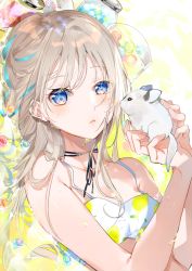 Rule 34 | 1girl, animal, bare arms, bare shoulders, blonde hair, blue eyes, blush, candy, chinchilla (animal), choker, closed mouth, collarbone, expressionless, food, highres, holding, holding animal, jar, lemon print, lips, long hair, looking at viewer, lying, miwano rag, on back, original, partially submerged, solo, spaghetti strap, swimsuit, upper body, wet