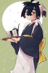 Rule 34 | 1boy, apron, black hair, blue kimono, blush, closed mouth, creatures (company), crossed bangs, cup, game freak, hair between eyes, head scarf, highres, holding, holding tray, hozicha10, japanese clothes, kieran (pokemon), kimono, long sleeves, looking at viewer, male focus, mole, mole on neck, nintendo, petals, pokemon, pokemon sv, poltchageist, purple hair, simple background, sinistcha, solo, tray, two-tone background, white apron, wide sleeves, yellow eyes