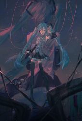 Rule 34 | 1girl, aisarenakute mo kimi ga iru (vocaloid), aqua necktie, back-to-back, bad id, bad pixiv id, bare shoulders, black skirt, black sleeves, black thighhighs, blue eyes, blue hair, cable, commentary, contrapposto, detached sleeves, from behind, full body, genn 00o, glint, glitch, grey shirt, hair ornament, hand on headphones, hand up, hatsune miku, headphones, headset, highres, long hair, looking at viewer, miniskirt, necktie, night, night sky, open mouth, pleated skirt, projected inset, scar, shirt, skinny, skirt, sky, sleeveless, sleeveless shirt, smile, solo, standing, star (sky), starry sky, television, thighhighs, twintails, very long hair, vocaloid, zettai ryouiki