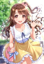 Rule 34 | 1girl, absurdres, bag, bare shoulders, blurry, blurry background, blush, bow, bowtie, bracelet, breasts, brown eyes, brown hair, buttons, collarbone, day, earrings, frilled skirt, frills, hair bow, hair ornament, hand up, handbag, highres, idolmaster, idolmaster cinderella girls, jewelry, lips, long hair, looking at viewer, medium breasts, morikura en, necklace, open mouth, outdoors, scan, shimamura uzuki, side ponytail, simple background, skirt, sleeveless, smile, solo, teeth, yellow skirt