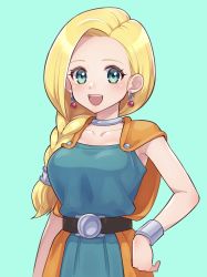 Rule 34 | 1girl, :d, bianca (dq5), blonde hair, blue background, blue dress, blue eyes, braid, braided ponytail, collarbone, dragon quest, dragon quest v, dress, earrings, hair over shoulder, hand on own hip, highres, jewelry, junjonta, long hair, open mouth, ponytail, simple background, sleeveless, sleeveless dress, smile, solo, standing