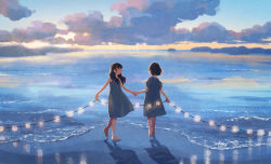 Rule 34 | 2girls, backlighting, bare arms, bare shoulders, barefoot, beach, black hair, blue dress, blue eyes, blue sky, blue theme, blunt ends, blurry, blurry background, bob cut, closed mouth, cloud, cloudy sky, depth of field, dress, facing away, floating hair, from behind, from side, glowing, gradient sky, hair behind ear, holding, holding hands, holding string, horizon, leg up, light, light particles, long hair, looking at another, looking to the side, medium dress, monaka (siromona), multiple girls, no lineart, ocean, original, outdoors, outstretched arms, profile, puffy short sleeves, puffy sleeves, reflection, sand, scenery, shadow, shore, short hair, short sleeves, sky, sleeveless, sleeveless dress, standing, string, twilight, water, wide shot, wind, yellow sky
