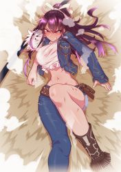 Rule 34 | 1girl, belt, black hair, blush, boots, breasts, clenched teeth, commentary, denim, denim jacket, english commentary, highres, injury, jacket, jeans, kanzaki kaori, large breasts, long hair, looking at viewer, midriff, navel, pants, purple eyes, sheath, solo, sweat, teeth, tenk, toaru majutsu no index