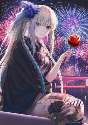 Rule 34 | 1girl, absurdres, aro 1801, blue eyes, blue flower, blue ribbon, braid, candy apple, closed mouth, commentary, expressionless, fate/grand order, fate (series), fireworks, floral print, flower, food, hair between eyes, hair flower, hair ornament, hair ribbon, highres, holding, holding food, japanese clothes, kimono, long hair, looking at viewer, morgan le fay (fate), morgan le fay (fgo fes. 2023) (fate), night, official alternate costume, outdoors, ponytail, print kimono, ribbon, sitting, sky, solo, twin braids, very long hair, yukata