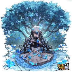 Rule 34 | 1girl, benghuai xueyuan, black dress, black hair, blue flower, blue hair, blue rose, blue theme, character request, chen bin, closed eyes, closed mouth, colored inner hair, curly hair, dress, facing viewer, flower, frilled dress, frills, highres, holding, honkai (series), logo, long hair, long sleeves, multicolored hair, nature, official art, plant, rose, sitting, sleeveless, sleeveless dress, solo, stone floor, tree, two-tone hair, vines, white background
