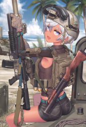 Rule 34 | 1girl, 40mm grenade, armpits, assault rifle, bare legs, beach, belt, blue sky, breasts, cloud, commentary request, dark-skinned female, dark skin, day, denim, denim shorts, fang, from behind, globes, goggles, goggles on headwear, grenade launcher, gun, gun sling, helmet, highres, holding, holding gun, holding weapon, laser aiming module, m203, m4 carbine, m79, midriff, ocean, on vehicle, open mouth, original, outdoors, palm tree, purple eyes, rifle, samaru (seiga), sand, short shorts, shorts, sideboob, sitting, sitting on car, skin fang, sky, small breasts, smile, solo, sunlight, suppressor, thighs, tree, underbarrel grenade launcher, water, weapon, white hair