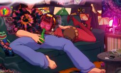 Rule 34 | 1boy, 1girl, barefoot, belt, bong, brown hair, brown skirt, can, closed eyes, colored skin, couch, demon girl, demon horns, demon tail, glasses, guitar, highres, horns, indoors, instrument, lava lamp, long hair, marijuana, meruccubus (merunyaa), merunyaa, multicolored shirt, open pants, original, pants, pepe the frog, pointy ears, poster (object), red skin, round eyewear, shirt, skirt, striped clothes, striped shirt, table, tail, torn clothes, torn pants
