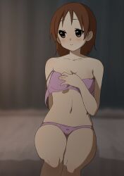 Rule 34 | 1girl, absurdres, bed, blush, bow, bow bra, bow panties, bra, breasts, brown eyes, brown hair, cleavage, closed mouth, collarbone, commentary request, highres, hirasawa ui, indoors, k-on!, kicchi (tmgk), medium breasts, medium hair, navel, on bed, panties, pink bra, pink panties, sitting, solo, underwear