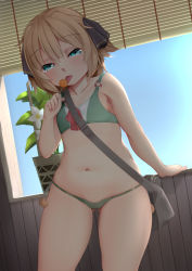 Rule 34 | 1girl, bad id, bad pixiv id, bag, bikini, blue eyes, blush, candy, day, flat chest, food, gluteal fold, green bikini, hachijou (kancolle), hair ribbon, holding, kantai collection, licking, light brown hair, lollipop, ne an ito, open mouth, plant, plump, pom pom (clothes), potted plant, ribbon, short hair, shoulder bag, sky, solo, sun, swimsuit, window