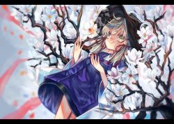 Rule 34 | 1girl, black border, blonde hair, blurry, border, branch, depth of field, dress, artistic error, flower, flower request, green eyes, hair ribbon, hat, highres, letterboxed, long hair, long sleeves, looking ahead, lying, magnolia, moriya suwako, on back, parted lips, red ribbon, ribbon, soft focus, solo, teeth, touhou, white flower, wide sleeves, wrong hand, zhu xiang