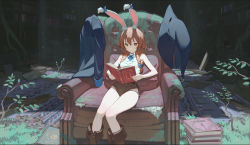 Rule 34 | 1girl, abandoned, animal ear fluff, animal ears, armchair, black jacket, blue ribbon, book, book stack, bookshelf, boots, bow, braid, branch, brown footwear, brown hair, brown shorts, center frills, chair, closed mouth, commentary, cushion, ear bow, english commentary, feet out of frame, frills, grass, hat, unworn hat, unworn headwear, highres, holding, holding book, indoors, jacket, unworn jacket, light particles, long hair, neck ribbon, original, overgrown, rabbit ears, reading, ribbon, shirt, shorts, sitting, sleeveless, sleeveless shirt, solo, timbougami, twin braids, white shirt, witch hat, yellow eyes