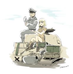 Rule 34 | 1girl, blonde hair, blue eyes, cecilia glinda miles, cup, erwin rommel, highres, military, military vehicle, motor vehicle, short hair, strike witches, tank, witches of africa, world witches series