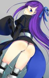 Rule 34 | 1girl, ass, blue eyes, blush, fate/extra, fate/extra ccc, fate (series), female focus, from behind, grey background, hair ribbon, highres, long hair, looking back, meltryllis (fate), panties, purple hair, ribbon, ryou@ryou, simple background, sleeves past wrists, solo, twitter username, underwear