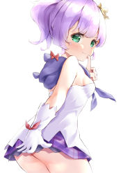 Rule 34 | 1girl, absurdres, ass, azur lane, breasts, classic (zildjian33), commentary request, covering ass, covering privates, crown, eyes visible through hair, finger to mouth, from behind, gloves, green eyes, hair between eyes, highres, index finger raised, javelin (azur lane), long hair, looking at viewer, looking back, mini crown, plaid, plaid skirt, pleated skirt, ponytail, purple hair, sideboob, sidelocks, simple background, single glove, skirt, sleeveless, smile, solo, twisted torso, white background, white gloves