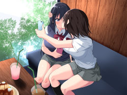 Rule 34 | 2girls, black hair, blue eyes, blush, bow, bowtie, breasts, brown hair, cellphone, couch, drinking straw, food, from above, highres, holding, holding phone, indoors, juice, kiss, large breasts, legs, long hair, looking at another, multiple girls, oekakizuki, original, phone, school uniform, selfie, short hair, sitting, skirt, surprised, table, taking picture, thighs, uraaka joshi x off-pako, yuri