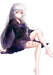 Rule 34 | 1girl, bare legs, barefoot, brown eyes, commentary request, dress, legs, legs up, limit x, long hair, looking at viewer, open mouth, original, purple dress, sitting, soles, solo, starry sky print, white background, white hair