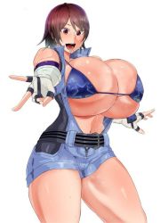 Rule 34 | 1girl, bra, breasts, bursting breasts, huge breasts, kazama asuka, large areolae, looking at viewer, mole, mole under mouth, mucc (ren0522), short hair, solo, tekken, undersized clothes, underwear