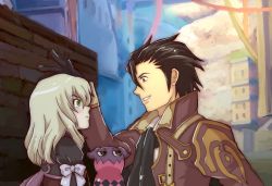 Rule 34 | 1boy, 1girl, alvin (tales), ascot, bad id, bad pixiv id, blonde hair, brown eyes, brown hair, coat, creature, cropped jacket, elize lutus, frown, green eyes, hand on another&#039;s head, kugiko, short hair, smile, tales of (series), tales of xillia, teepo (tales)