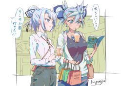 Rule 34 | 2girls, artist name, bag, black shirt, black skirt, book, border, breasts, bubble tea challenge, casual, chest jewel, closed eyes, closed mouth, collared shirt, dark-skinned female, dark skin, double bun, drinking, drinking straw, earrings, eyepatch, green jacket, hair bun, holding, holding bag, holding book, horns, jacket, jewelry, kageyasu, large breasts, long sleeves, medium breasts, milk tea, multiple girls, necklace, open mouth, praxis (xenoblade), shirt, shopping bag, siblings, signature, single hair bun, sisters, skirt, theory (xenoblade), white border, white shirt, xenoblade chronicles (series), xenoblade chronicles 2