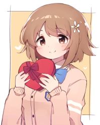 Rule 34 | 1girl, bad id, bad twitter id, blue bow, blue bowtie, blush, bow, bowtie, box, brown hair, flower, gift, gift box, hair between eyes, hair flower, hair ornament, heart, heart-shaped box, holding, holding gift, idolmaster, idolmaster cinderella girls, korean commentary, long sleeves, looking at viewer, mg pong, mimura kanako, school uniform, short hair, simple background, smile, solo, two-tone background, white flower