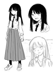 Rule 34 | 1girl, belt, character sheet, closed mouth, collared shirt, commentary request, full body, greyscale, highres, indonesian commentary, indonesian high school uniform, kurokobokan, long hair, long skirt, long sleeves, looking at viewer, monochrome, multiple views, necktie, open mouth, original, pleated skirt, school uniform, shirt, shoes, sidelocks, sketch, skirt, socks, standing, upper body