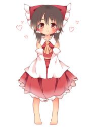 Rule 34 | 1girl, bare shoulders, barefoot, bow, breasts, brown hair, chibi, closed mouth, commentary request, cycloneyukari, detached sleeves, frilled bow, frilled hair tubes, frilled skirt, frills, full body, hair between eyes, hair bow, hair tubes, hakurei reimu, heart, light smile, looking at viewer, medium hair, red bow, red eyes, red shirt, red skirt, shirt, simple background, skirt, sleeveless, sleeveless shirt, small breasts, solo, standing, straight-on, touhou, white background, wide sleeves