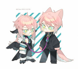 Rule 34 | 21 ke, 2boys, animal collar, animal ears, animal hands, aqua eyes, aqua necktie, aqua pupils, bird legs, black jacket, black pants, black sweater, black wings, blush stickers, chinese commentary, claws, closed mouth, coat, collar, commentary request, dated, full body, glasses, harpy boy, holding, holding leash, hood, hood down, hooded coat, jacket, leash, long hair, long sleeves, looking at another, looking down, male focus, mini person, miniboy, mole, mole under eye, monster boy, multiple boys, necktie, no nose, open clothes, open coat, open jacket, open mouth, original, pants, pink hair, pink tail, semi-rimless eyewear, short hair, standing, sweater, tail, under-rim eyewear, white background, white coat, wings, yellow eyes