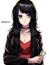 Rule 34 | 1girl, absurdres, aqua eyes, bang dream!, bang dream! it&#039;s mygo!!!!!, black choker, black hair, black jacket, breasts, choker, cleavage, commentary request, highres, holding, jacket, jewelry, juice box, long hair, long sleeves, looking at viewer, medium breasts, necklace, nuruponnu, open clothes, open jacket, parted lips, red shirt, shirt, simple background, solo, upper body, white background, yahata umiri