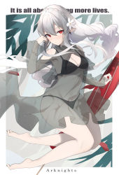 Rule 34 | 1girl, absurdres, arknights, asumi maboroshi, bare shoulders, bikini, black bikini, black dress, border, braid, breasts, cleavage, cleavage cutout, clothing cutout, colored skin, copyright name, crown braid, dress, ear piercing, english text, flower, full body, grey hair, hair flower, hair ornament, hand up, highres, long hair, looking at viewer, medium breasts, official alternate costume, piercing, pointy ears, red eyes, see-through, slit pupils, solo, swimsuit, very long hair, warfarin (arknights), warfarin (casual vacation) (arknights), white border, white flower, white skin