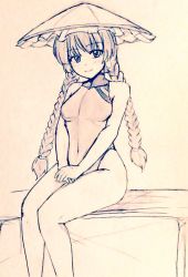 Rule 34 | 1girl, ajirogasa, alternate costume, bare legs, black hair, braid, breasts, closed mouth, commentary request, competition swimsuit, covered collarbone, covered navel, d-m (dii emu), eyelashes, frilled hat, frills, greyscale, halterneck, happy, hat, jizou, legs together, long earlobes, long hair, looking at viewer, monochrome, one-piece swimsuit, open mouth, simple background, sitting, smile, swimsuit, thighs, touhou, traditional media, twin braids, yatadera narumi